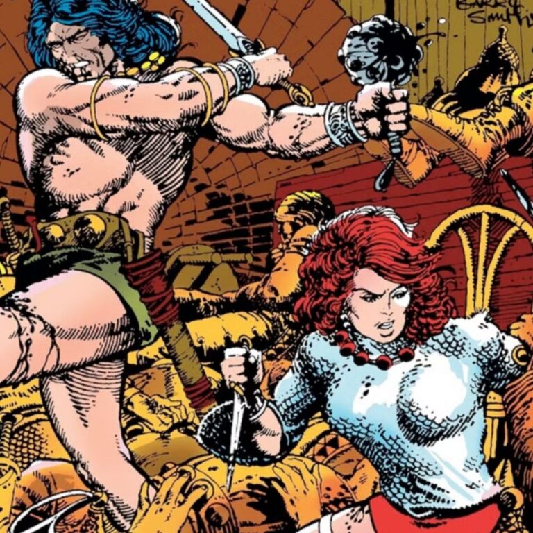 Conan and Red Sonja in a bar room swordight