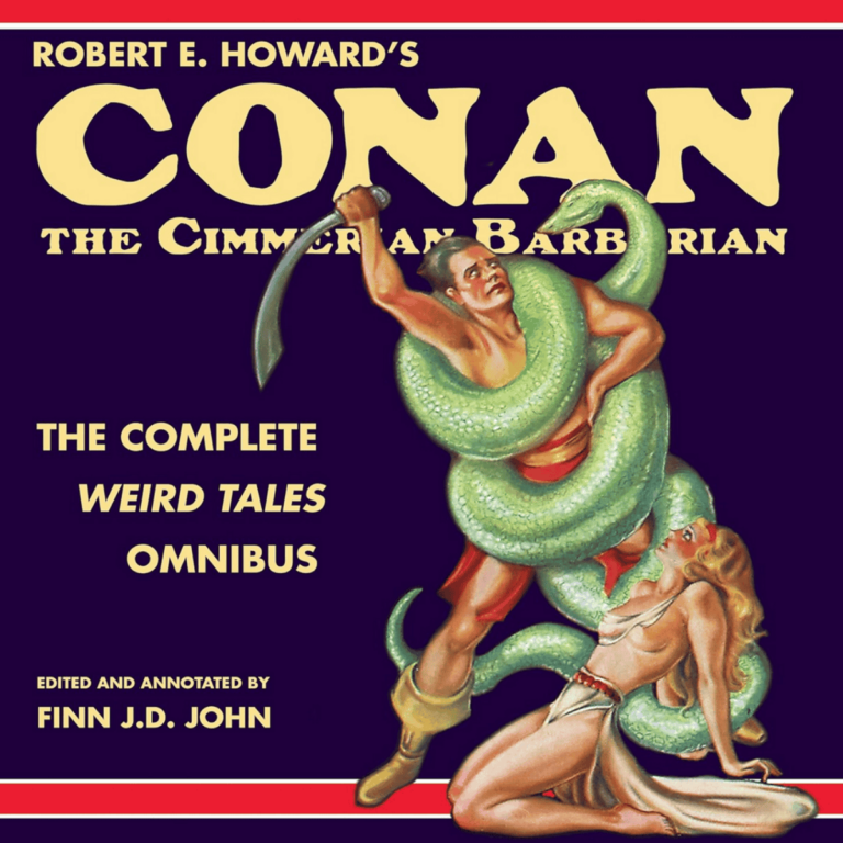 A 1930s style cover of a barbarian being grappled by a snake with a woman nearby