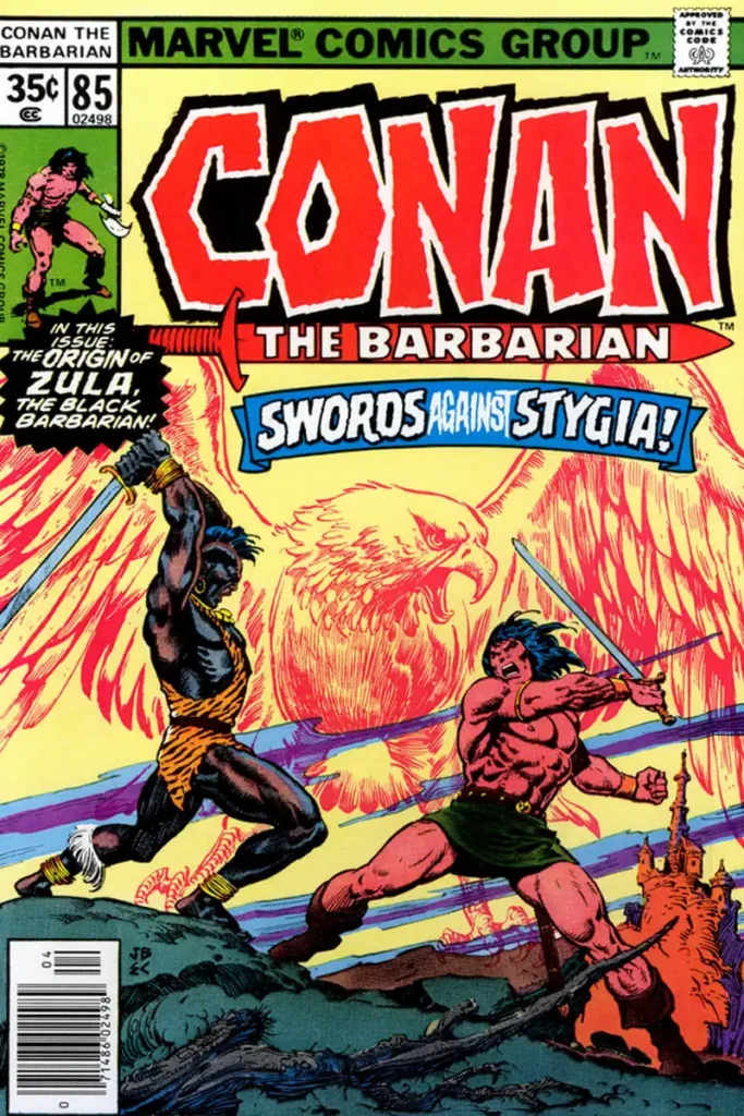 Conan and Zula clash swords with a giant ethereal eagle blazing behind them on the cover of Conan the Barbarian #85, announcing the origin of Zula and a battle against Stygia.