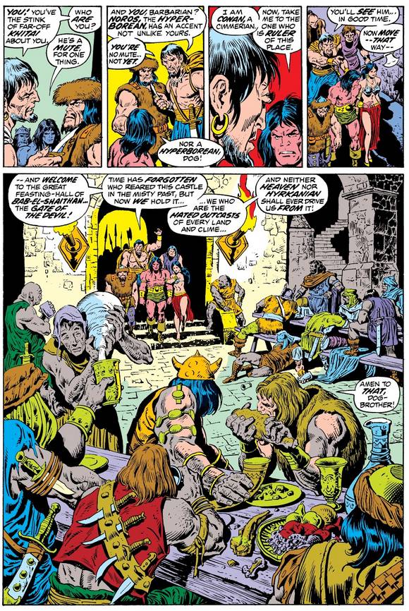 Conan enters a feasting hall full of exiles in the Gate of the Devil