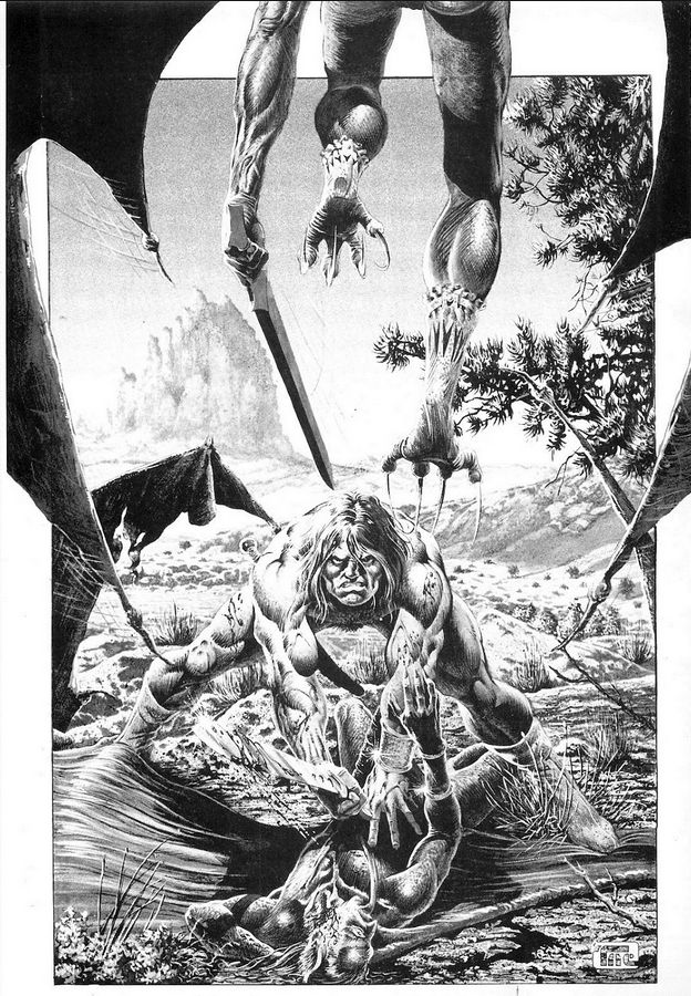 Conan wrestles a winged demon while another descends with a blade