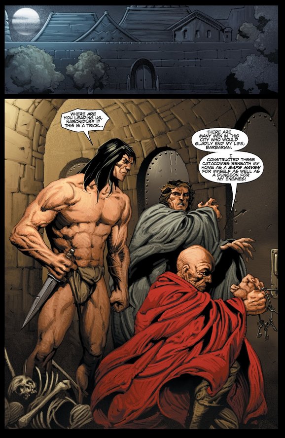Conan stands with a knife beside two cloaked men in a dungeon corridor