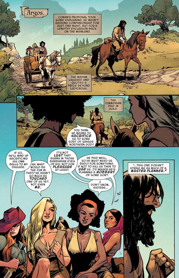 Conan rides ahead of a wagon while women speculate about his intentions
