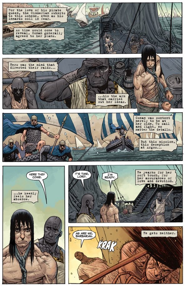 Conan and his crew prepare for an ambush during a naval raid, reflecting on Bêlit’s absence