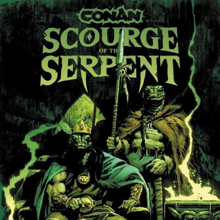 Conan: Scourge of the Serpent cover featuring two serpent-like overlords in a mystical, green-lit throne room.