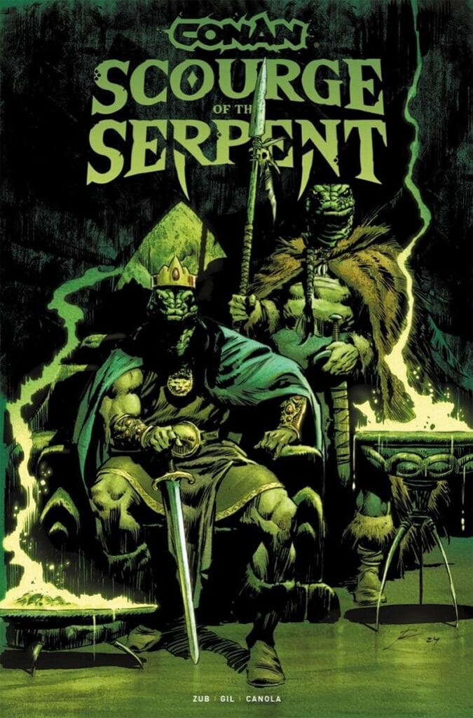 Conan: Scourge of the Serpent cover featuring two serpent-like overlords in a mystical, green-lit throne room.