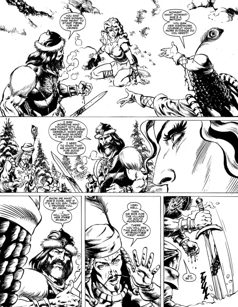 Conan protects an accused witch while defying the angry mob in the snow.