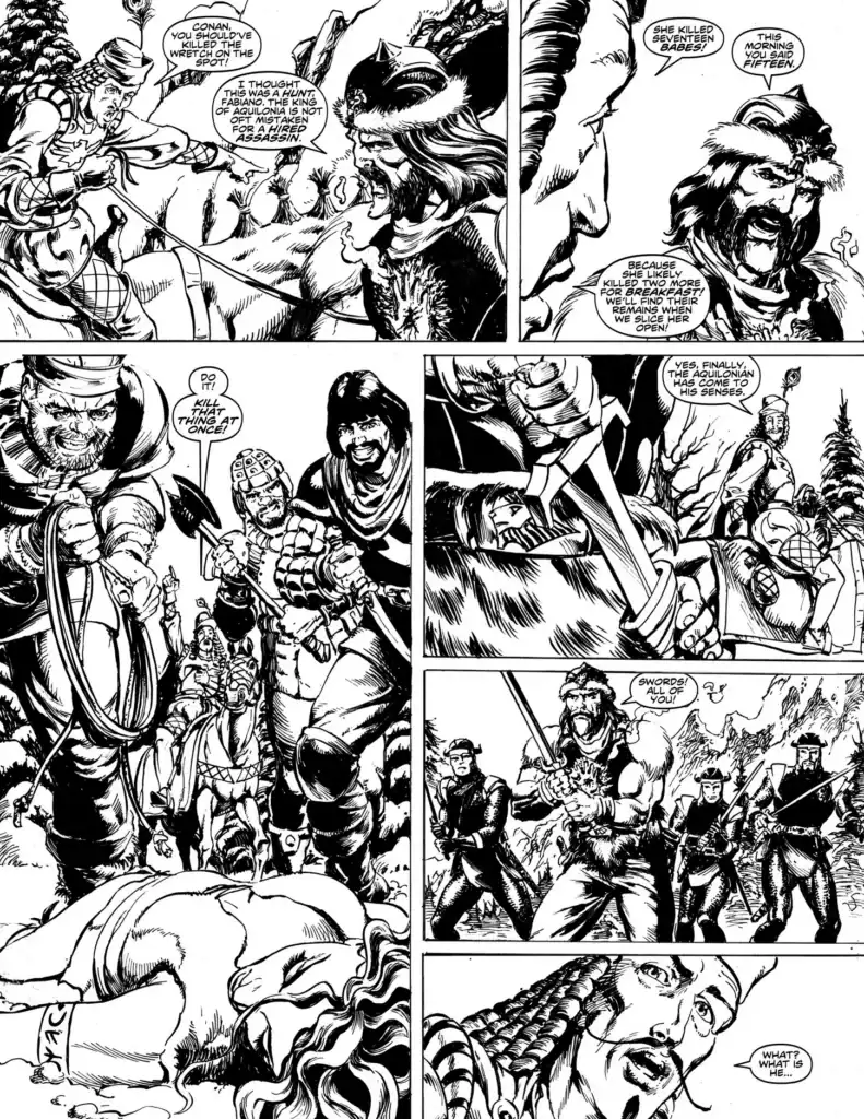 onan stands among armed men in the snow as they debate the fate of a witch.