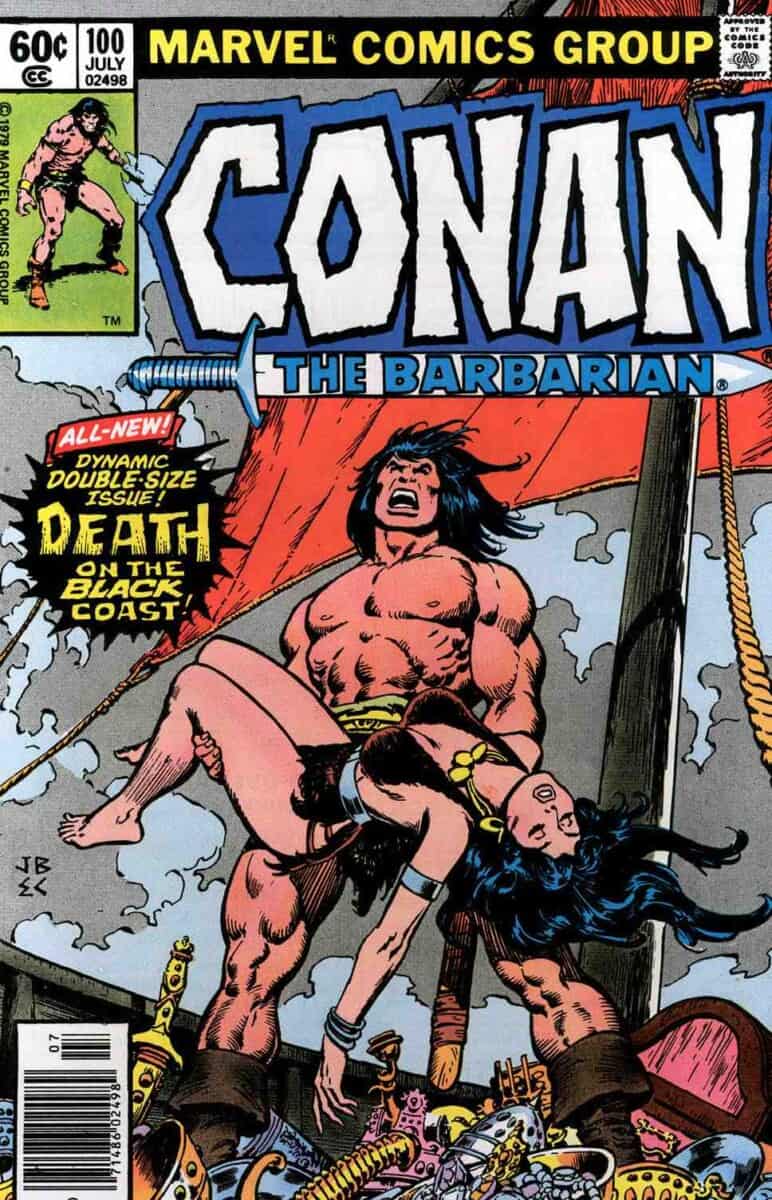 Conan cradles a fallen woman aboard a treasure-laden ship under the bold title “Death on the Black Coast.”