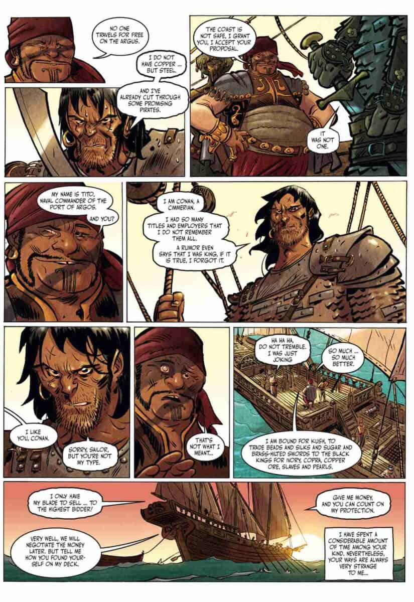 Conan negotiates passage aboard Tito’s ship, offering his sword and dry wit in exchange for protection.