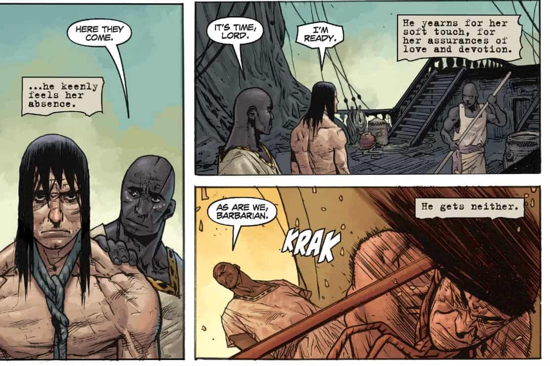 Conan is betrayed and struck down aboard a ship, longing for lost love as violence erupts.