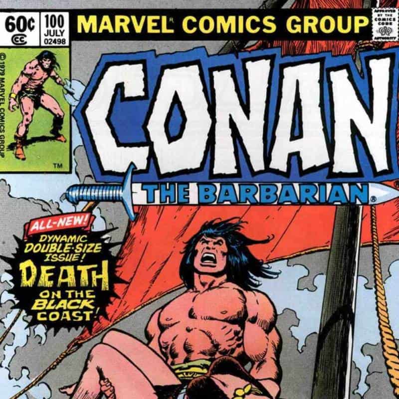 Conan cradles a fallen Belit aboard a treasure-laden ship under the bold title “Death on the Black Coast.”