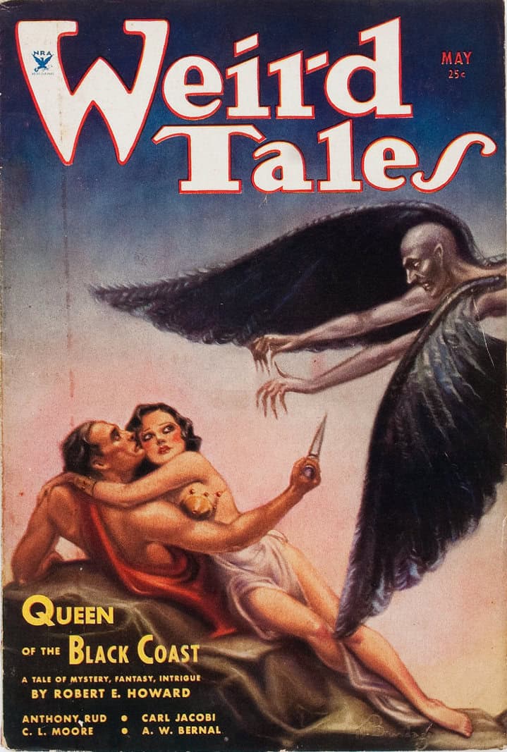 Weird Tales magazine cover (May 1934) illustrating Robert E. Howard's "Queen of the Black Coast" with Conan and Bêlit.