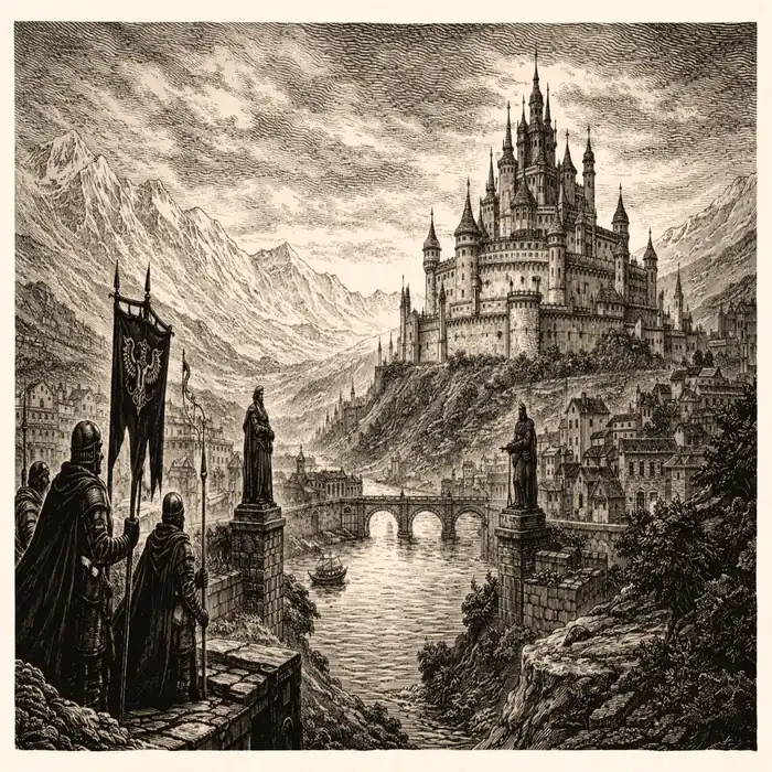 Black and white pulp-style ink illustration of Aquilonia with a fortified capital city and castle overlooking a river