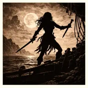 Silhouette of Bêlit, pirate queen of the Hyborian Age, standing on a ship beneath the moon