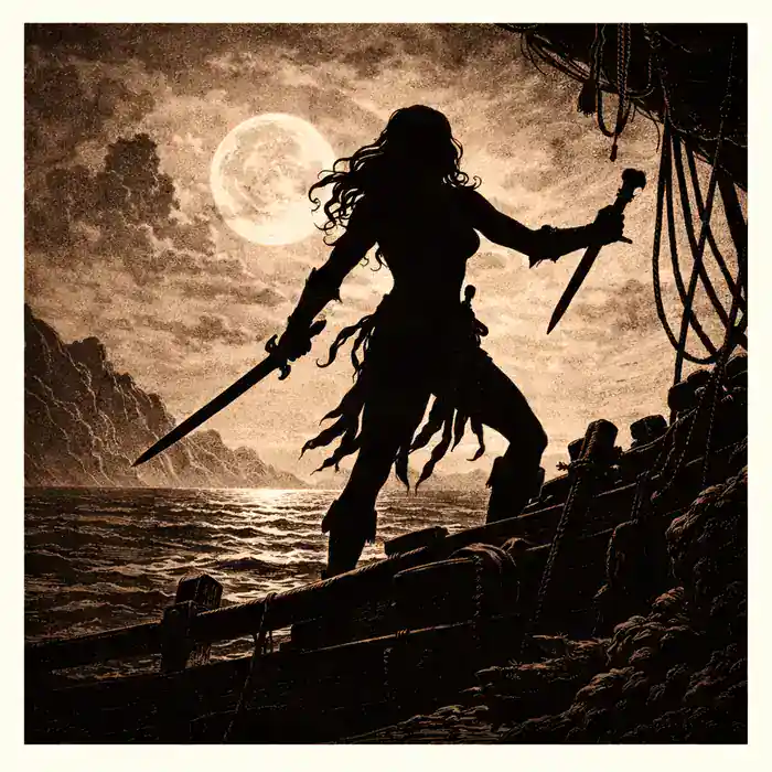 Silhouette of Bêlit, pirate queen of the Hyborian Age, standing on a ship beneath the moon