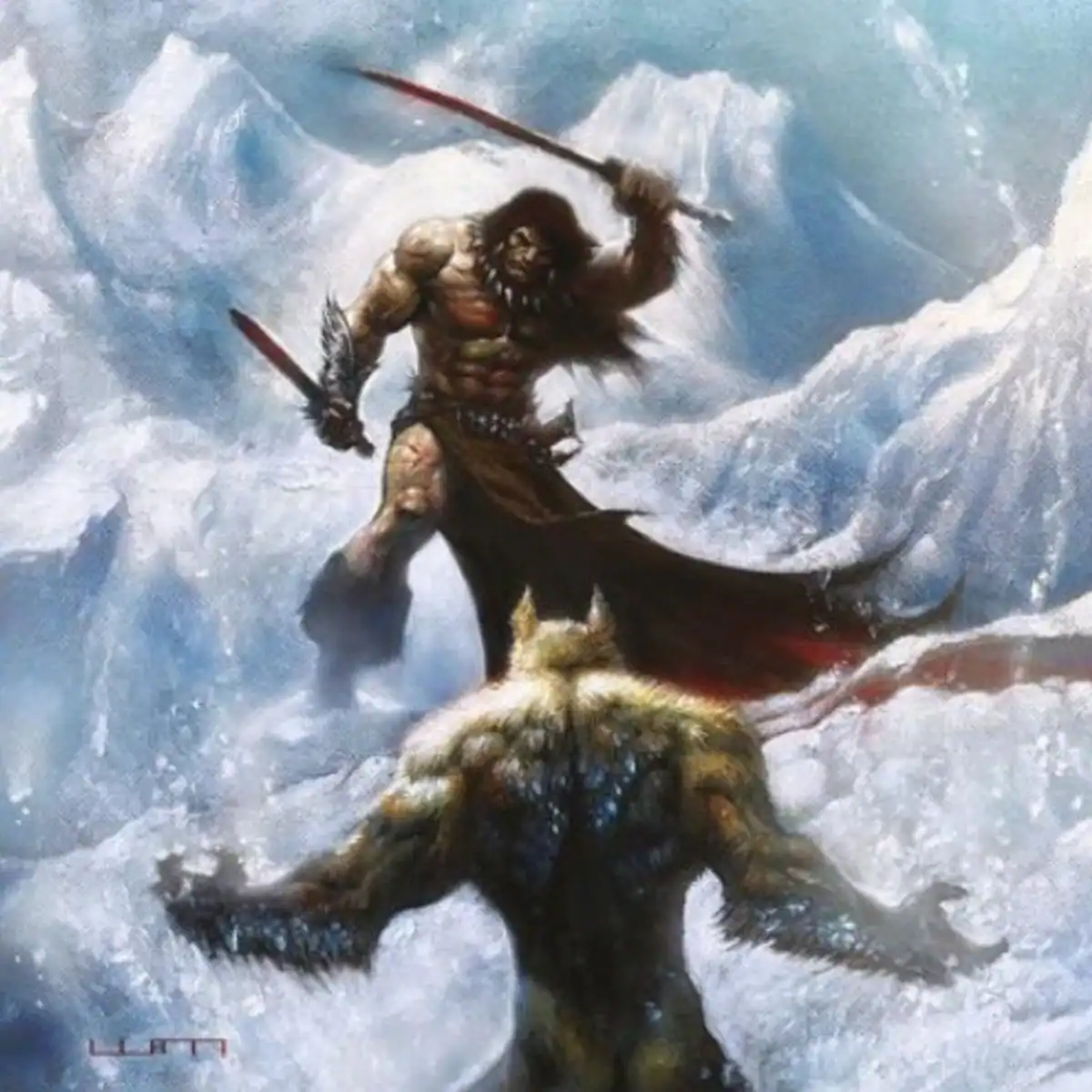 Conan fighting a frost creature in snowy mountains artwork by Liam Sharp