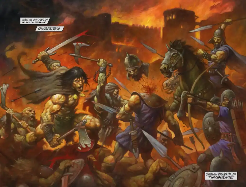 Conan fighting in the fiery Battle of Venarium surrounded by soldiers and cavalry during the fall of Cimmerian strongholds