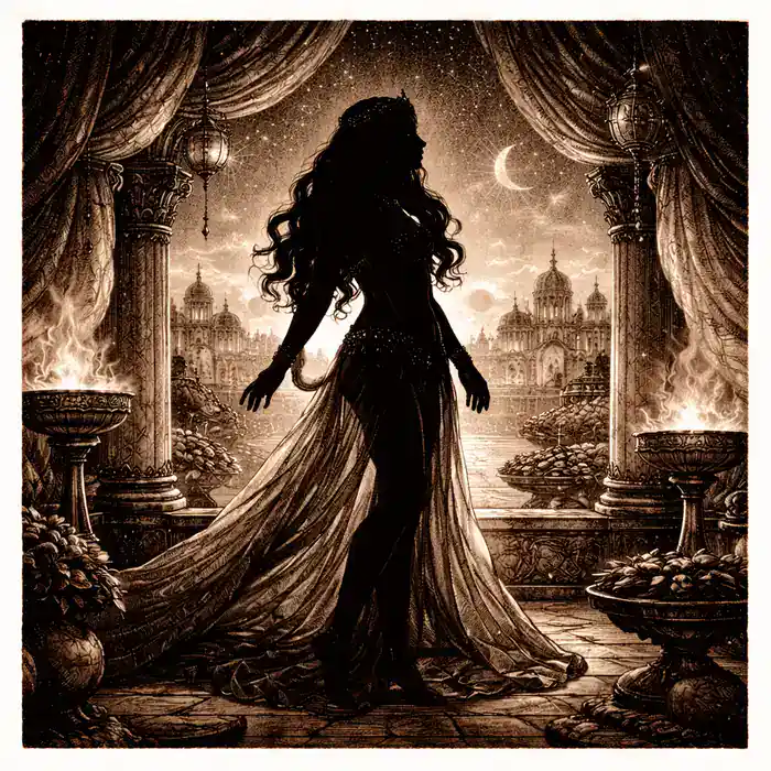 Silhouette of Princess Jehnna standing on a palace balcony in the Hyborian Age