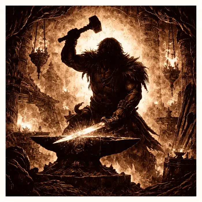 Silhouette of Conan’s father forging a sword in a blacksmith’s forge