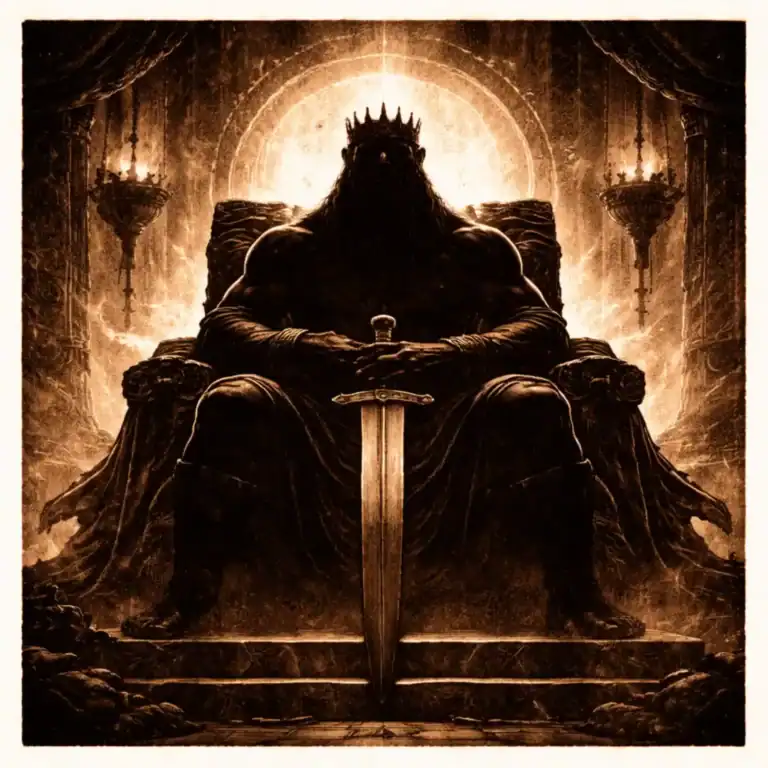 Silhouette of King Conan sitting on a throne with a sword in a Hyborian Age throne hall
