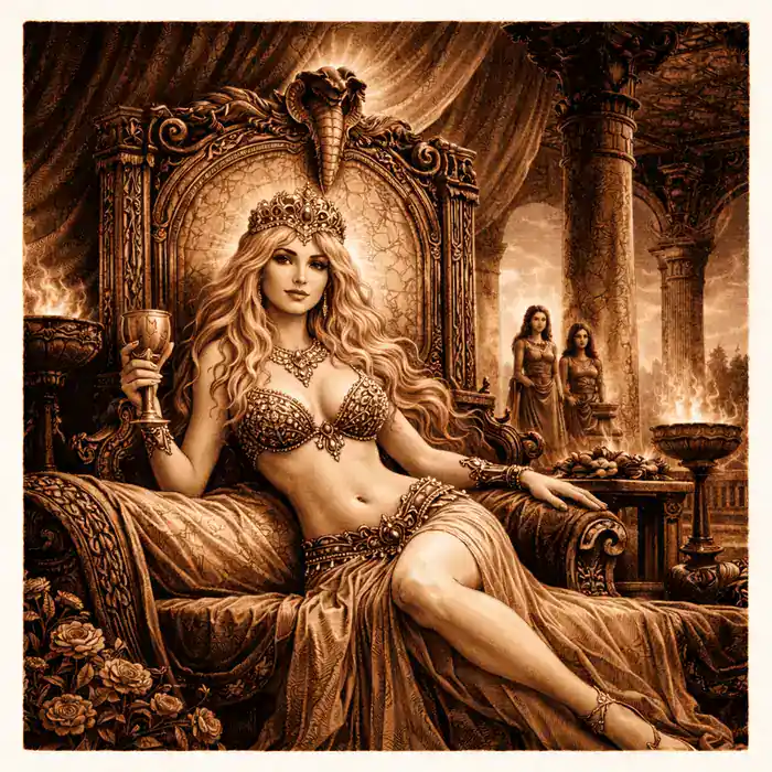 Queen Taramis seated on a throne in a Hyborian Age palace