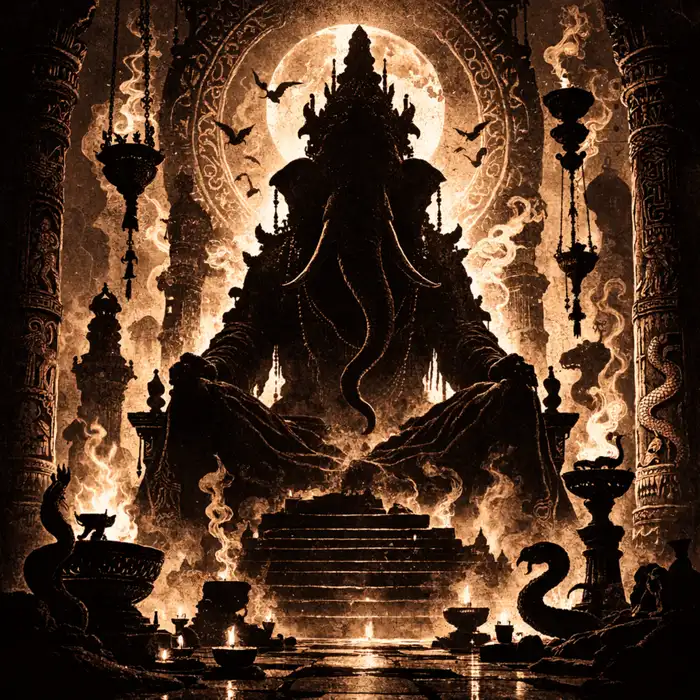 Silhouette of Yag-Kosha seated in a temple surrounded by fire and ritual elements
