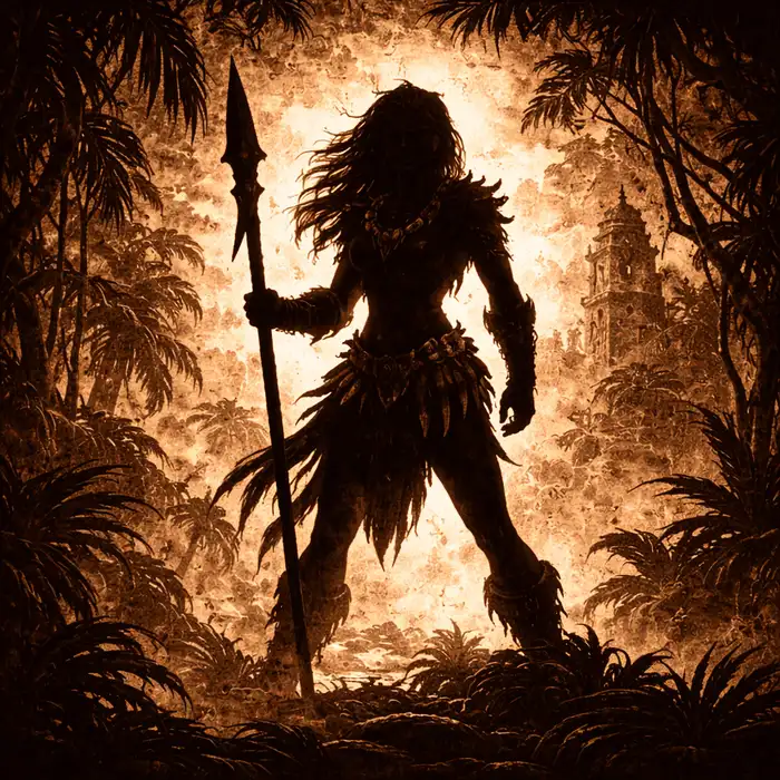 Silhouette of Zula holding a spear in a jungle setting from Conan the Barbarian