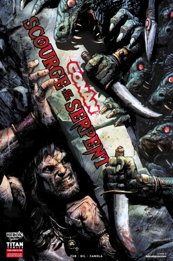 Conan Scourge of the Serpent comic cover with Conan fighting monstrous creatures