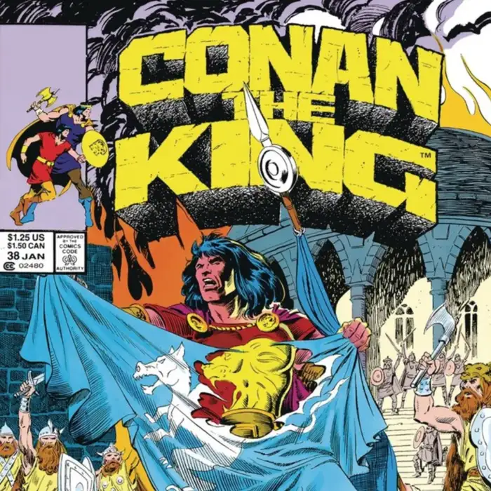 Conan the King comic cover with bold yellow title and fantasy battle scene