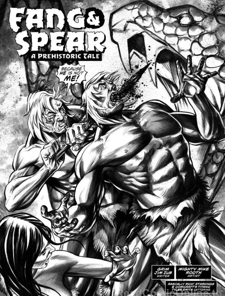 Fang and Spear prehistoric tale comic artwork with cavemen fighting a giant serpent