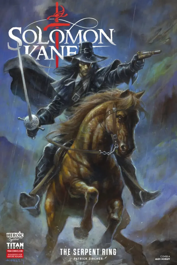 Solomon Kane The Serpent Ring comic cover with Kane riding a horse in the rain