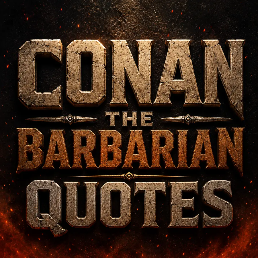 Cinematic Conan the Barbarian quotes title graphic with fiery fantasy letterin