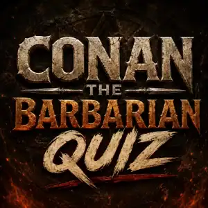Conan the Barbarian quiz title graphic with fantasy stone lettering and fiery background