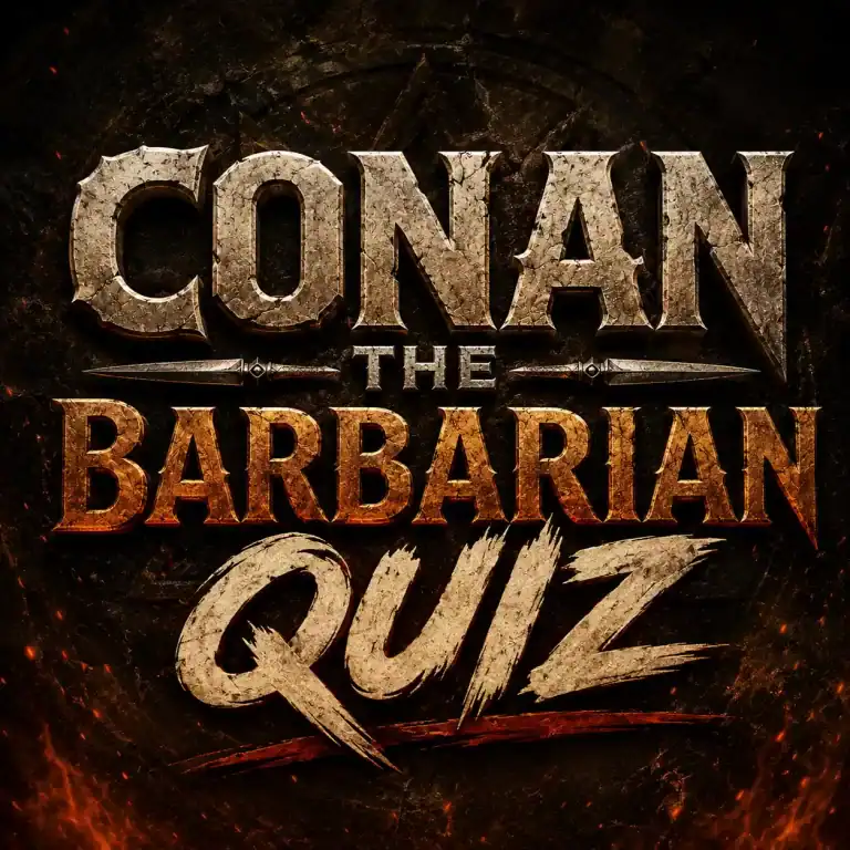 Conan the Barbarian quiz title graphic with fantasy stone lettering and fiery background