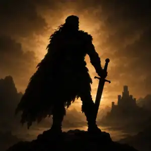 Rexor-inspired warrior silhouette holding a sword in a dark Hyborian mountain landscape